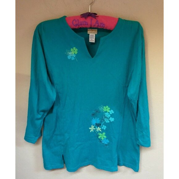 Artisan Top Womens XL Split Neck 3/4 Sleeve Flower Print Blouse Pullover Blue - Picture 1 of 6